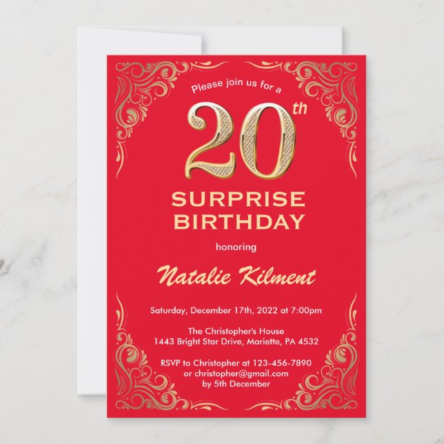 Surprise 20th Birthday Red and Gold Glitter Invitation (Front)