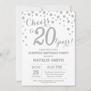 Surprise 20th Birthday Silver Glitter Diamond Invitation