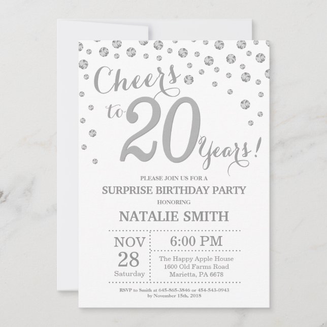 Surprise 20th Birthday Silver Glitter Diamond Invitation (Front)