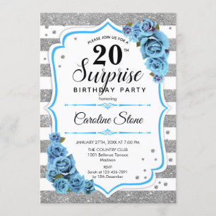Surprise 20th Birthday - Silver White Blue Invitation