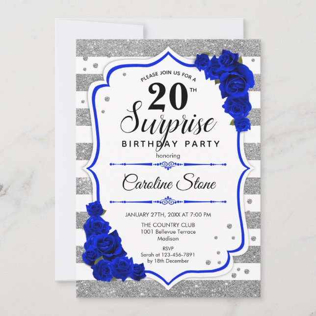 Surprise 20th Birthday - Silver White Royal Blue Invitation (Front)