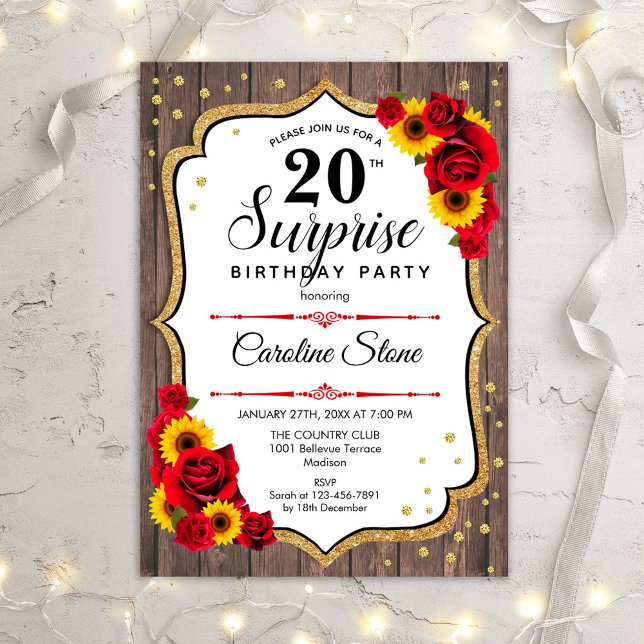 Surprise 20th Birthday - Sunflowers Rustic Wood Invitation (Creator Uploaded)