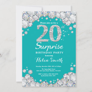 Surprise 20th Birthday Teal and Silver Diamond Invitation