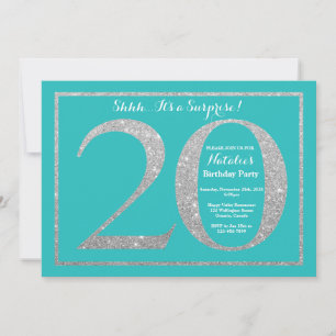 Surprise 20th Birthday Teal and Silver Glitter Invitation