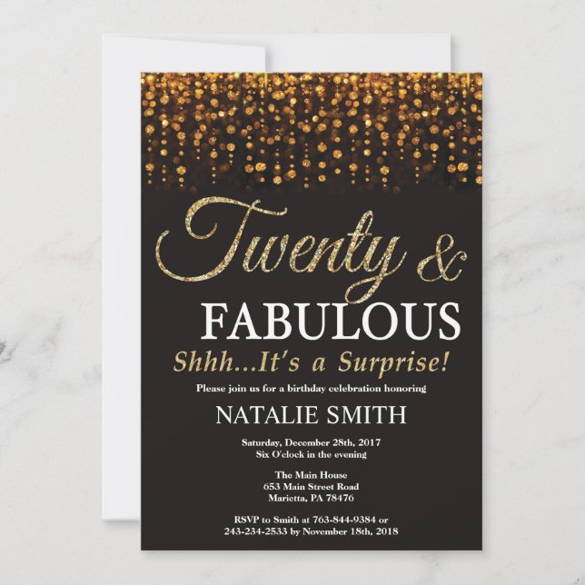 Surprise 20th Birthday Twenty and Fabulous Gold Invitation (Front)