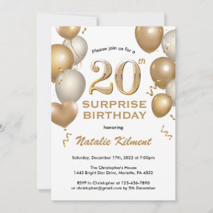 Surprise 20th Birthday White and Gold Balloons Invitation
