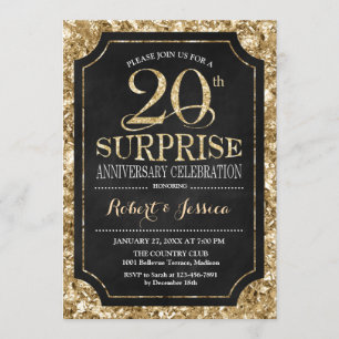 Surprise 20th Wedding Anniversary - Black Gold Invitation