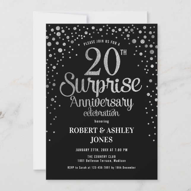 Surprise 20th Wedding Anniversary - Black & Silver Invitation (Front)