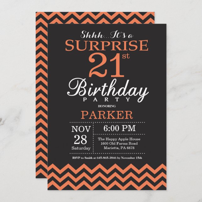 Surprise 21st Birthday Black and Coral Chevron Invitation (Front/Back)