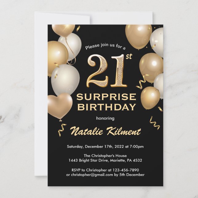Surprise 21st Birthday Black and Gold Balloons Invitation (Front)
