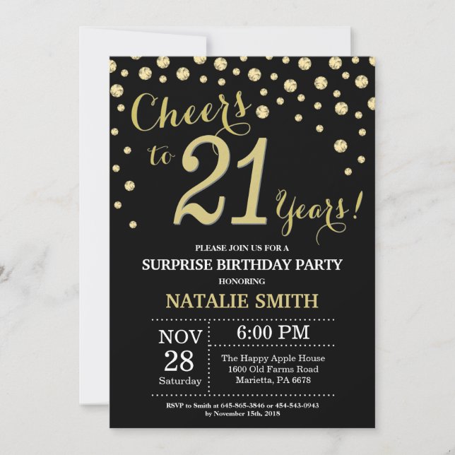 Surprise 21st Birthday Black and Gold Diamond Invitation (Front)