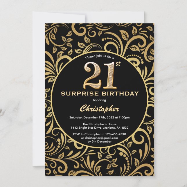 Surprise 21st Birthday Black and Gold Floral Invitation (Front)