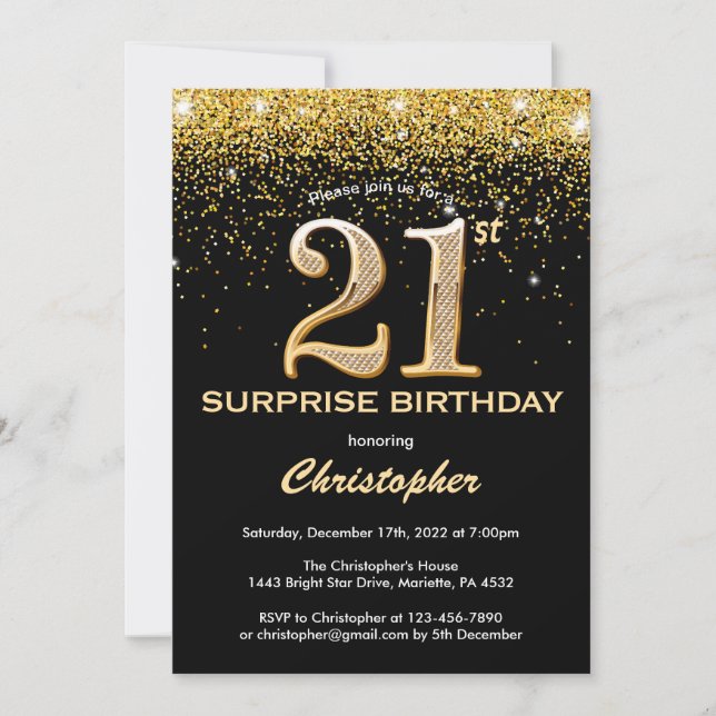 Surprise 21st Birthday Black and Gold Glitter Invitation (Front)