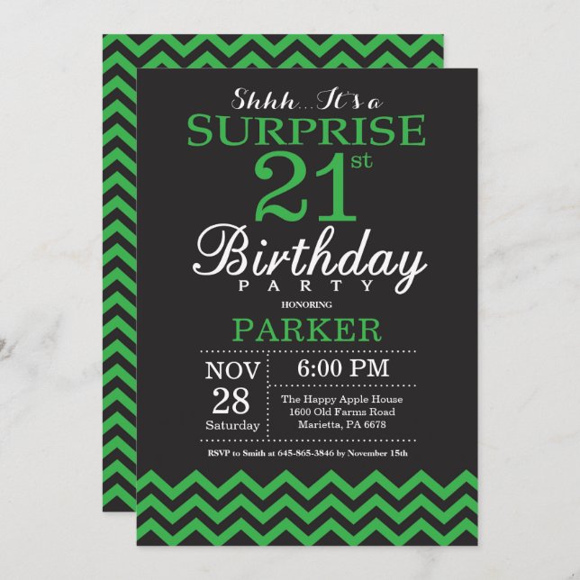 Surprise 21st Birthday Black and Green Chevron Invitation (Front/Back)