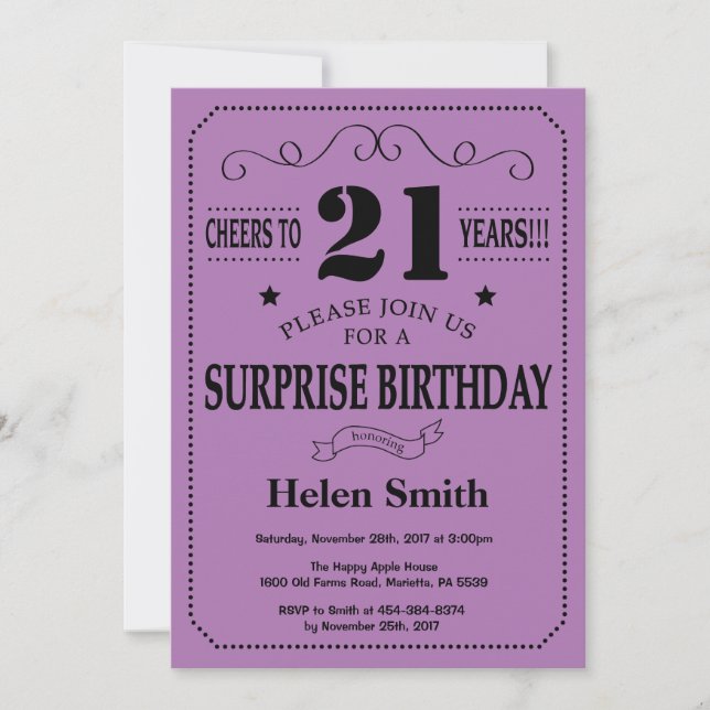 Surprise 21st Birthday Black and Purple Invitation (Front)
