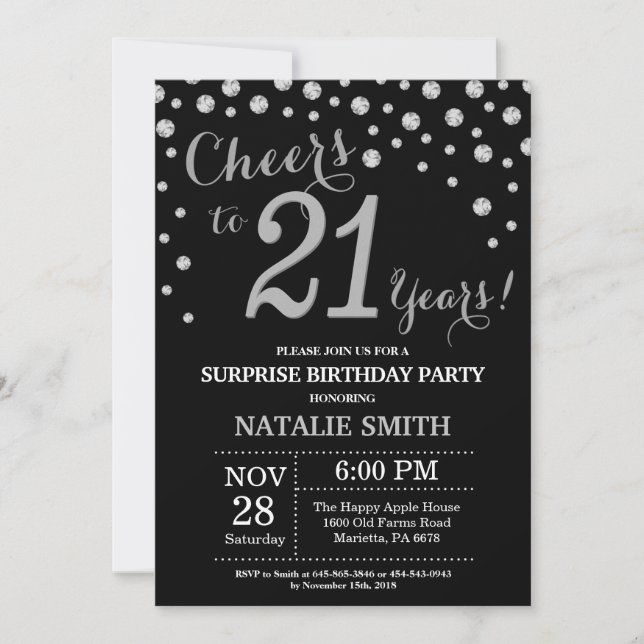 Surprise 21st Birthday Black and Silver Diamond Invitation (Front)