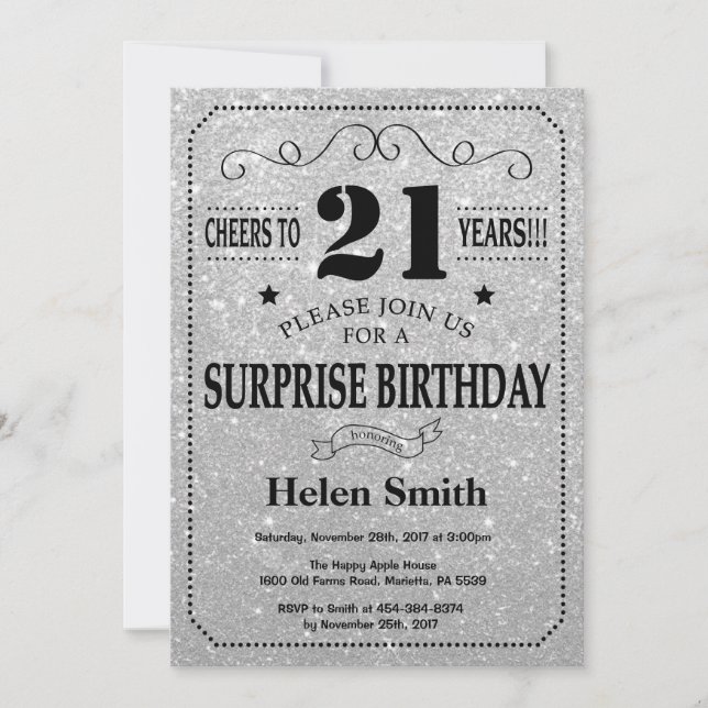 Surprise 21st Birthday Black and Silver Glitter Invitation (Front)