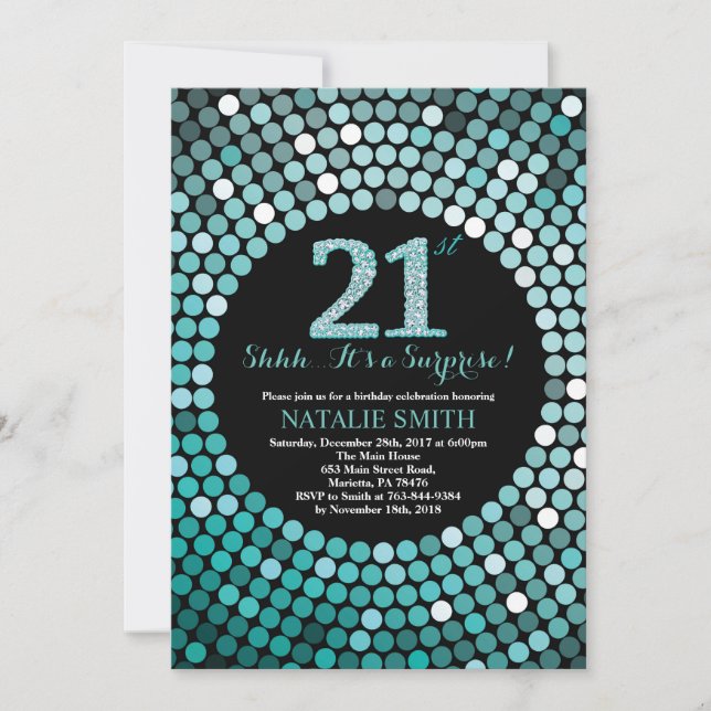 Surprise 21st Birthday Black and Teal Glitter Invitation (Front)