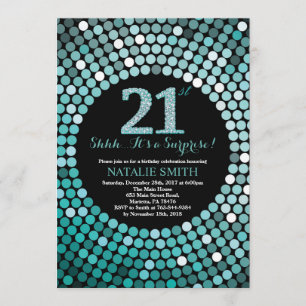 Surprise 21st Birthday Black and Teal Glitter Invitation