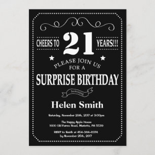 Surprise 21st Birthday Black and White Chalkboard Invitation