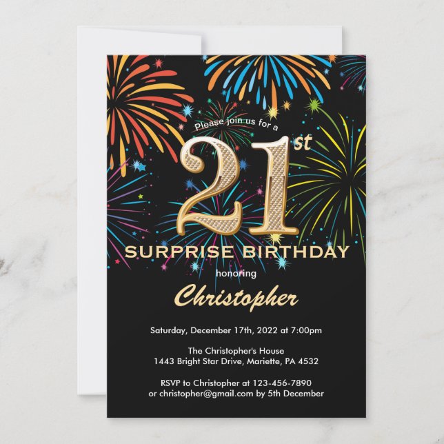 Surprise 21st Birthday Black Gold Rainbow Firework Invitation (Front)