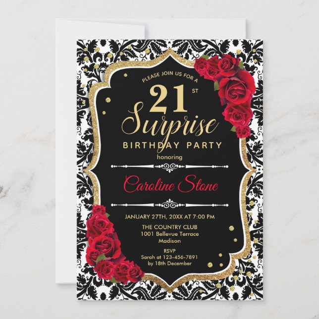 Surprise 21st Birthday - Black Gold Red Invitation (Front)