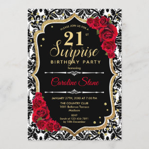 Surprise 21st Birthday - Black Gold Red Invitation