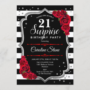 Surprise 21st Birthday - Black White Red Invitation