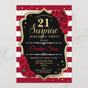 Surprise 21st Birthday - Black White Red Invitation