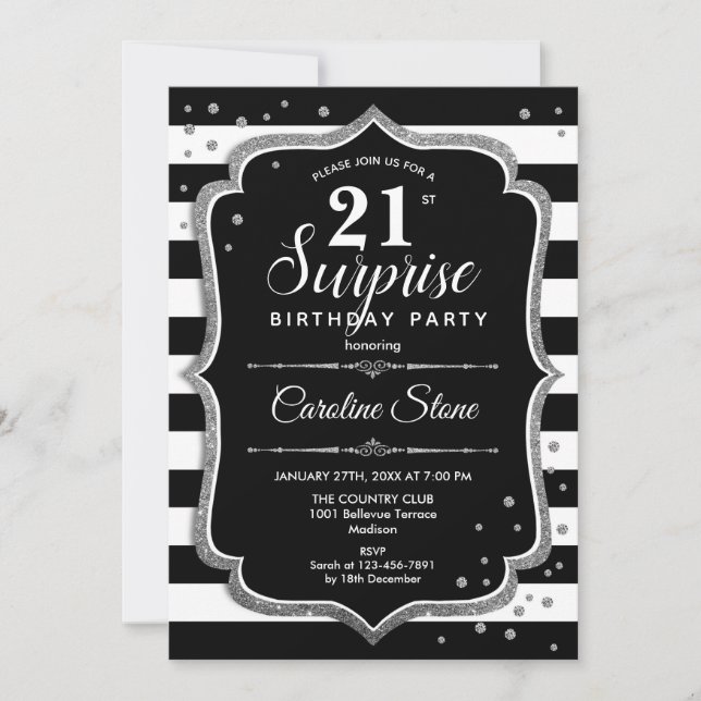 Surprise 21st Birthday - Black White Silver Invitation (Front)