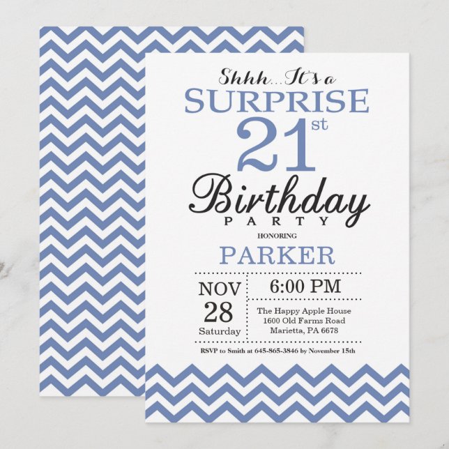 Surprise 21st Birthday Blue Chevron Invitation (Front/Back)