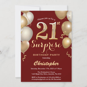 Surprise 21st Birthday Dark Red and Gold Balloons Invitation