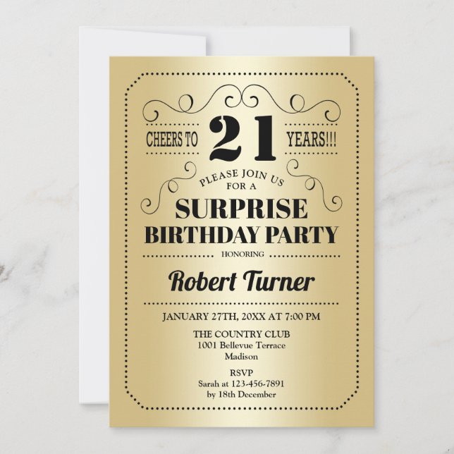 Surprise 21st Birthday - Gold Black Invitation (Front)