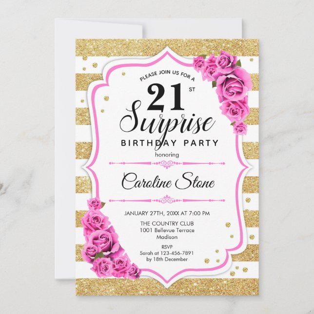 Surprise 21st Birthday - Gold White Pink Invitation (Front)
