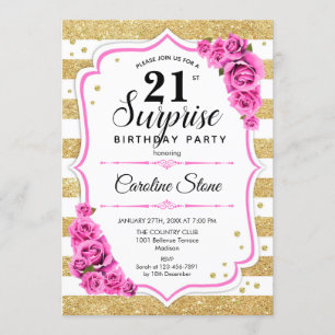 Surprise 21st Birthday - Gold White Pink Invitation
