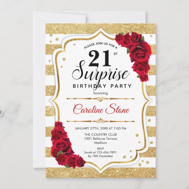 Surprise 21st Birthday - Gold White Red Invitation (Front)