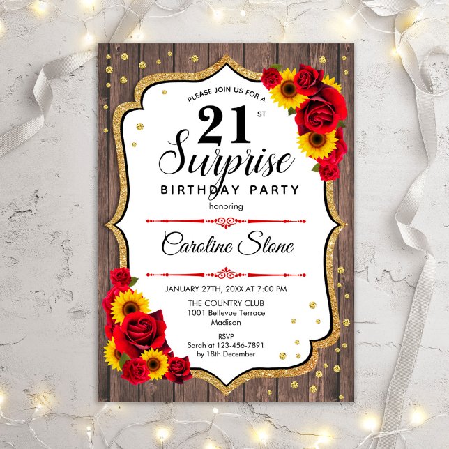 Surprise 21st Birthday - Gold White Red Invitation (Creator Uploaded)