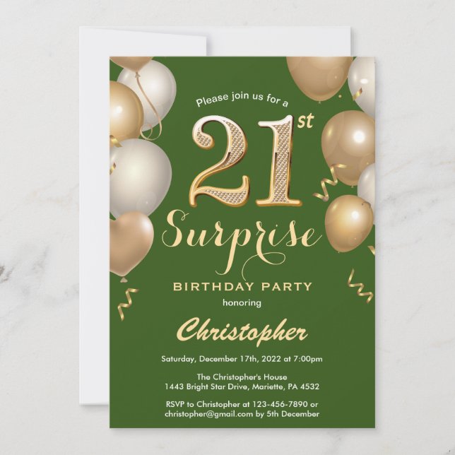 Surprise 21st Birthday Green and Gold Balloons Invitation (Front)