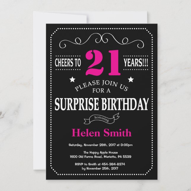Surprise 21st Birthday Hot Pink and Black Invitation (Front)