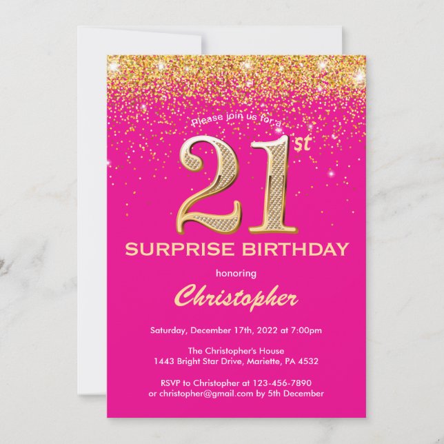 Surprise 21st Birthday Hot Pink and Gold Glitter Invitation (Front)