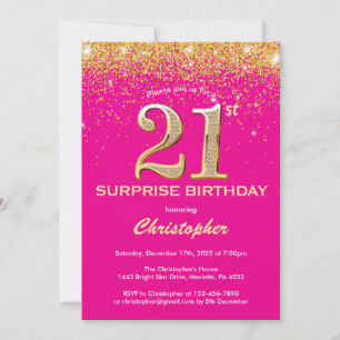 Surprise 21st Birthday Hot Pink and Gold Glitter Invitation
