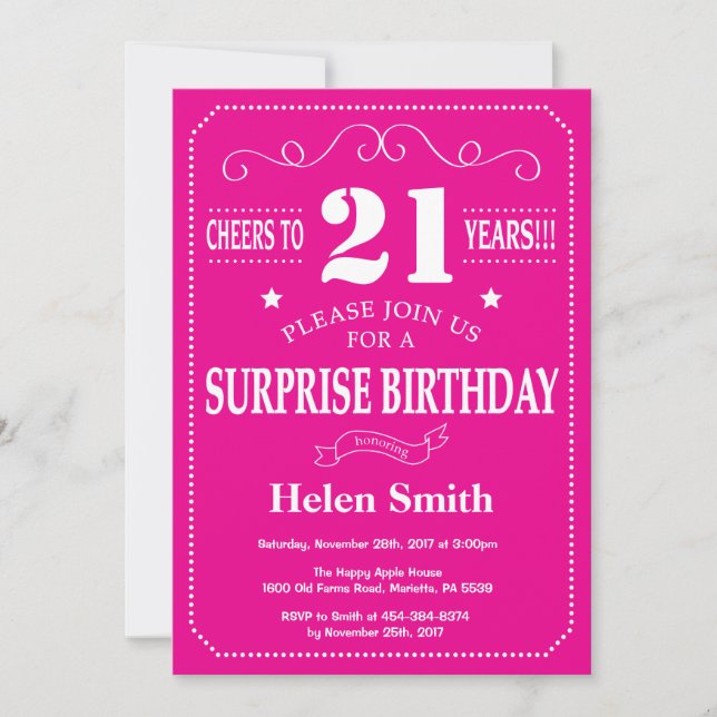 Surprise 21st Birthday Hot Pink and White Invitation (Front)