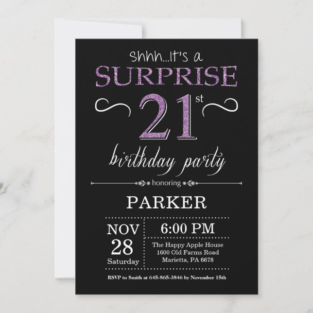 Surprise 21st Birthday Invitation Black and Purple (Front)