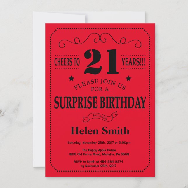 Surprise 21st Birthday Invitation Black and Red (Front)