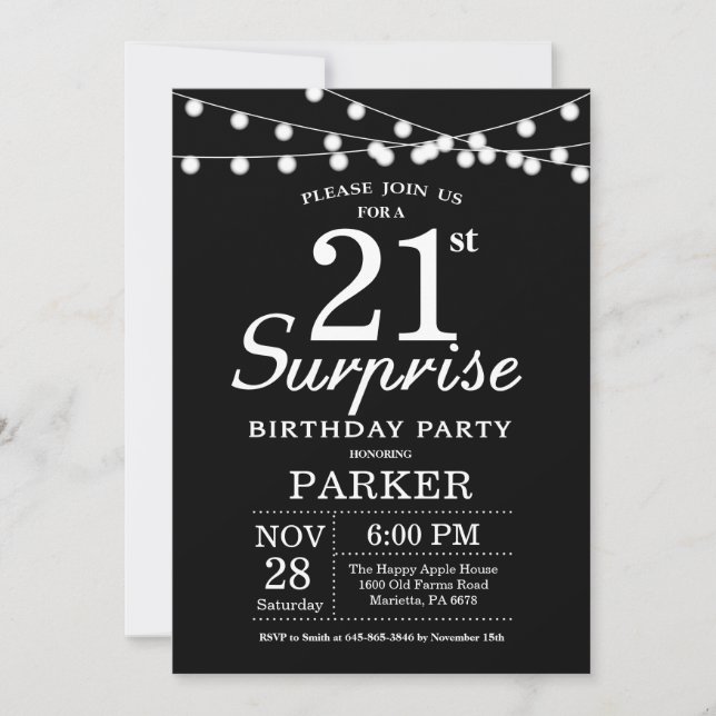 Surprise 21st Birthday Invitation Black and White (Front)