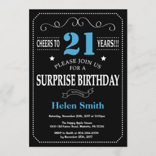 Surprise 21st Birthday Invitation Blue and Black