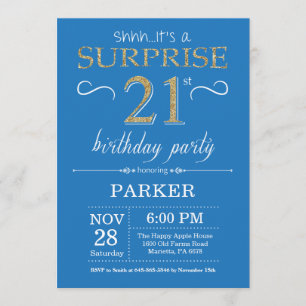 Surprise 21st Birthday Invitation Blue and Gold