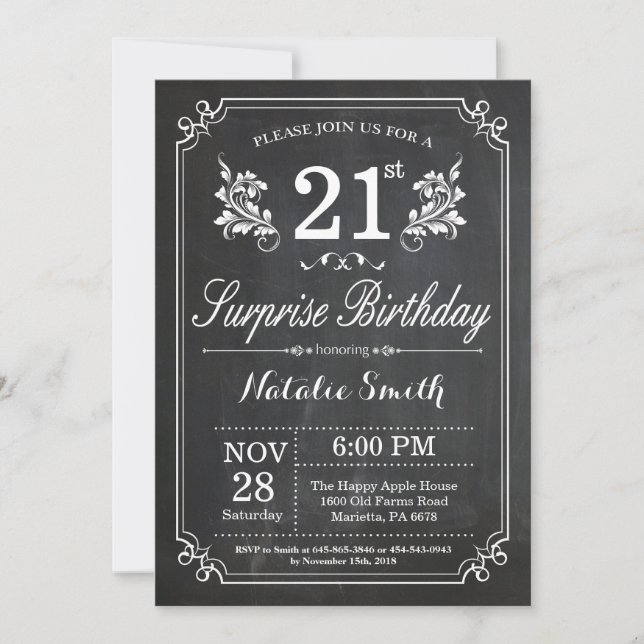 Surprise 21st Birthday Invitation Chalkboard (Front)