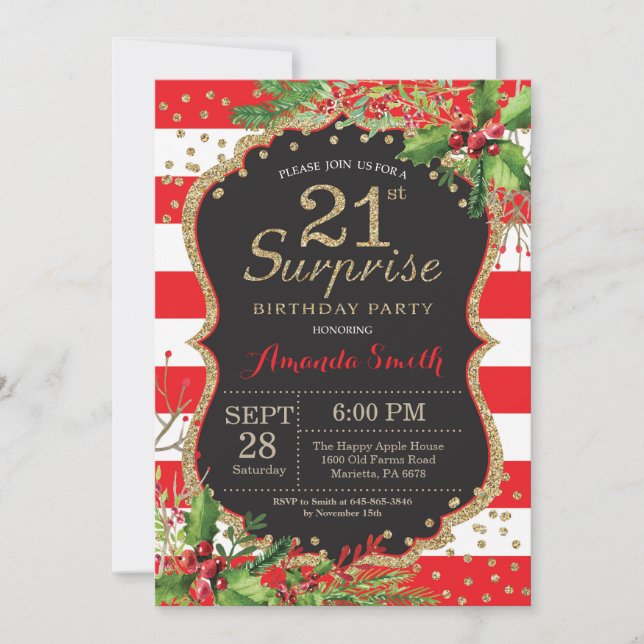 Surprise 21st Birthday Invitation Christmas Gold (Front)