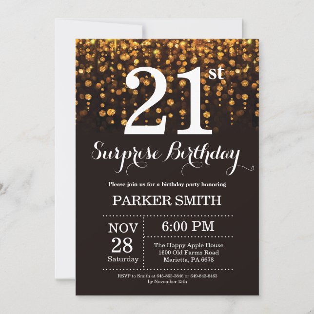 Surprise 21st Birthday Invitation Gold Glitter (Front)
